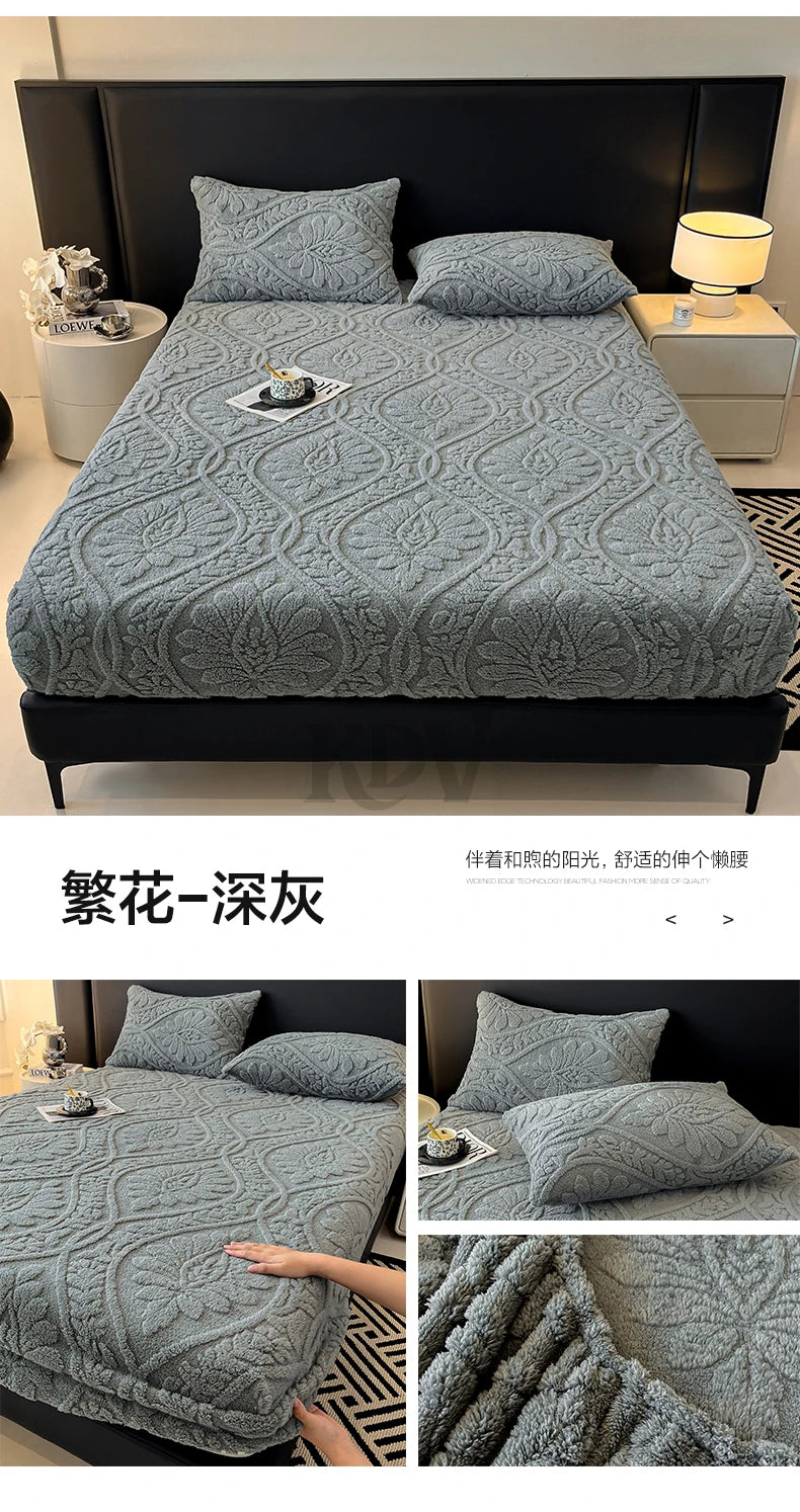 European Style Jacquard Taffeta Fitted Sheet Winter Warm Soft Plush Mattress Protector with Deep Pockets Floral Queen Bed Sheets