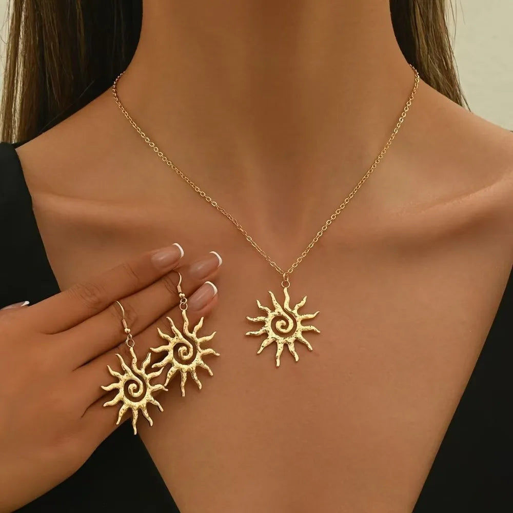 Fashion Vintage Chic Sun Shaped Pendant Necklace Stainless Steel Earrings Y2K Choker Golden Ring Jewlery Accessories Party Gifts