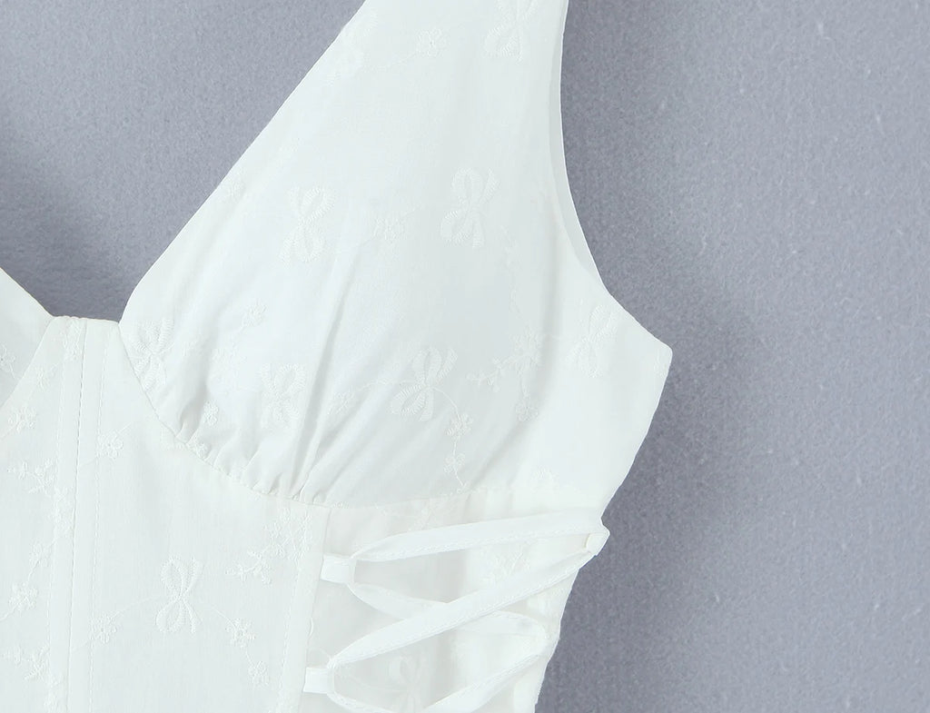 Sexy White Embroidery Floral Corset style Boning Tank Dress Women Cross Lacing up Bow Slim Waist Swing Short Dresses Vestdios