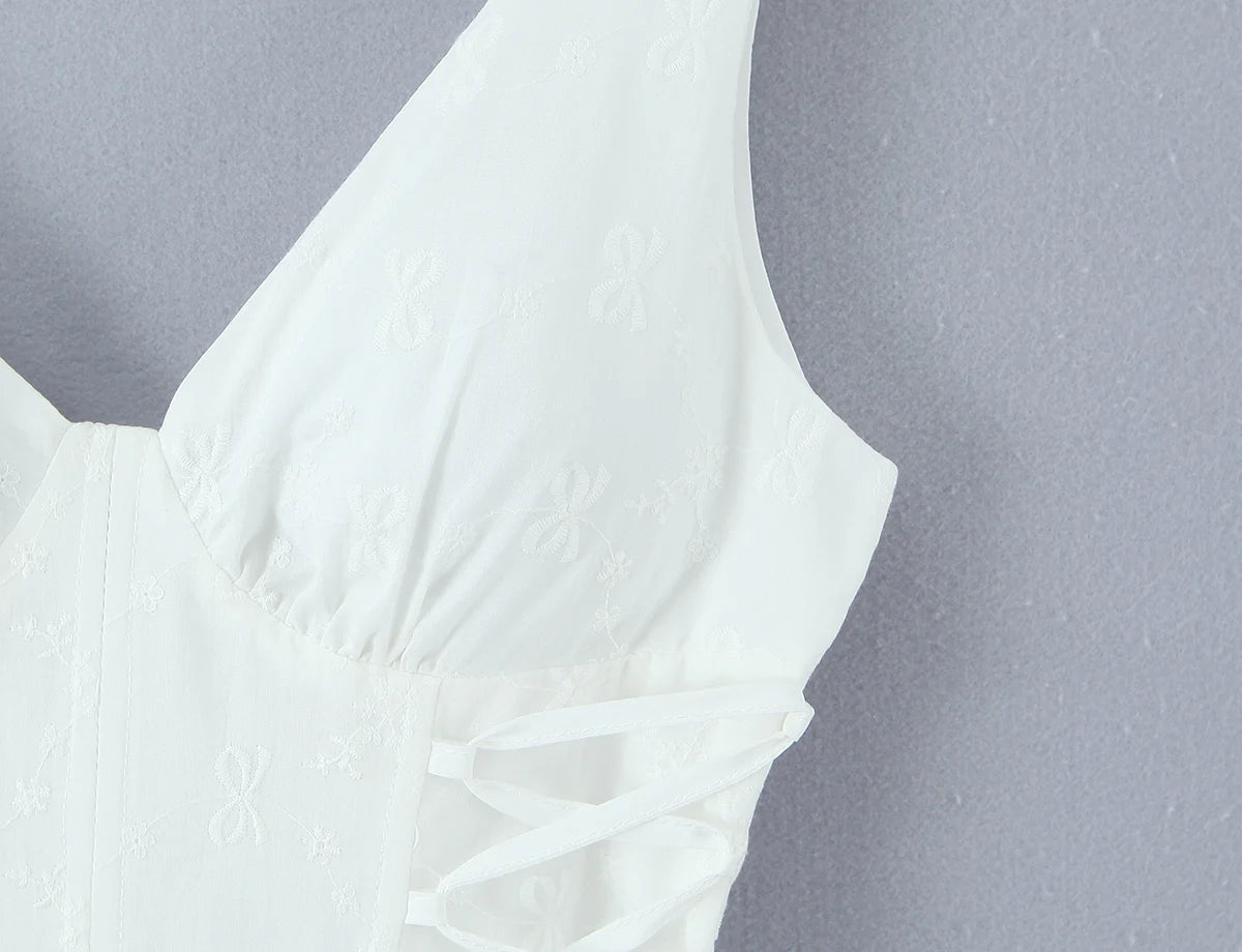 Sexy White Embroidery Floral Corset style Boning Tank Dress Women Cross Lacing up Bow Slim Waist Swing Short Dresses Vestdios