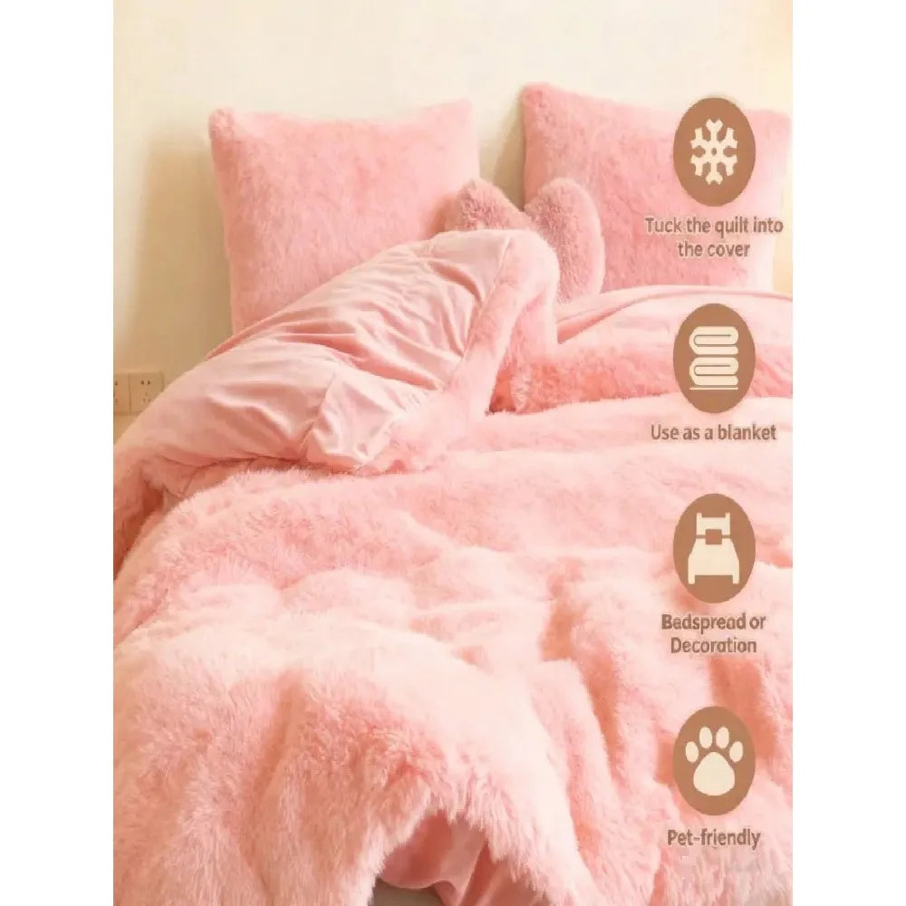 3/4 Set Of Light Luxury Solid Color Plush Bedding, 1/2 Pillowcase+1 Duvet Cover+Heart-Shaped Pillow, With Heart-Shaped Pillow, T