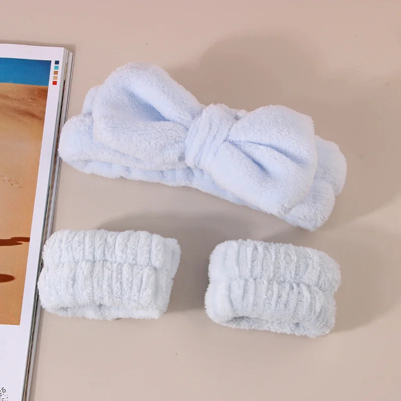 3Pcs Bow Headband Wristband Set Towel Elastic Soft Washing Face Shower Make Up Yoga Sports Skincare Headband for Women Girls