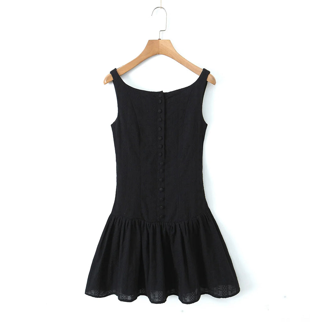 2024 Sexy White Embroidery Lace Low Waist Mini Tank Dress Women Open Buttons Neck Bodycon Sleeveless Ruched Hem Swing Party Robe
