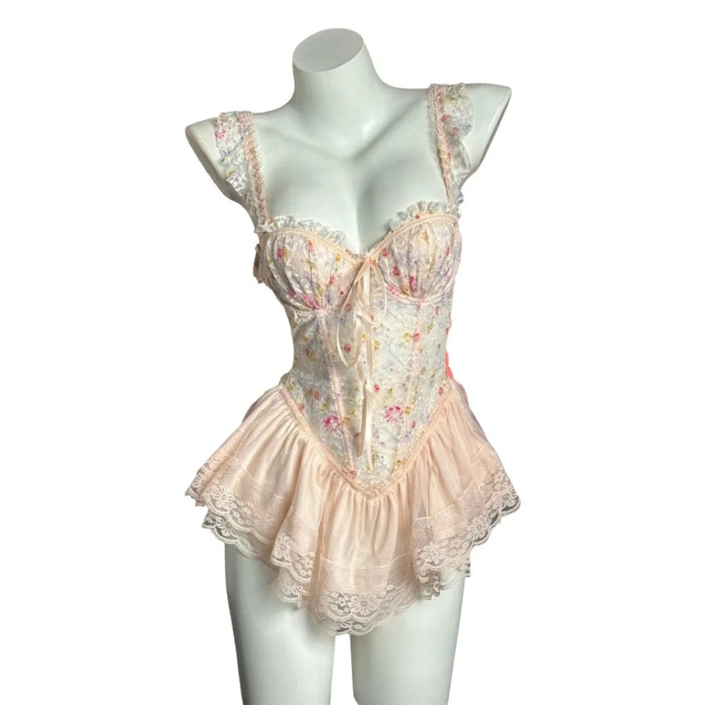 Comfortable Thin Sweet Lace Nightdress Beauty-back Lace-up Sleeveless Nightwear with Chest Pad Homewear Pajamas Women Female