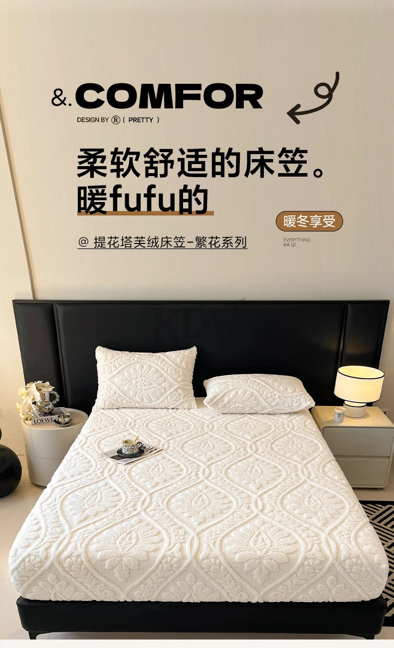European Style Jacquard Taffeta Fitted Sheet Winter Warm Soft Plush Mattress Protector with Deep Pockets Floral Queen Bed Sheets