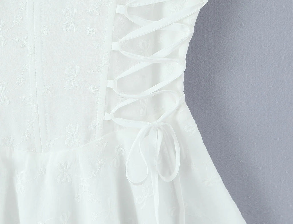 Sexy White Embroidery Floral Corset style Boning Tank Dress Women Cross Lacing up Bow Slim Waist Swing Short Dresses Vestdios
