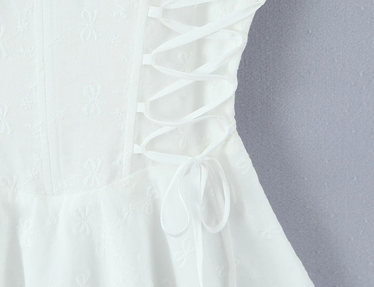 Sexy White Embroidery Floral Corset style Boning Tank Dress Women Cross Lacing up Bow Slim Waist Swing Short Dresses Vestdios