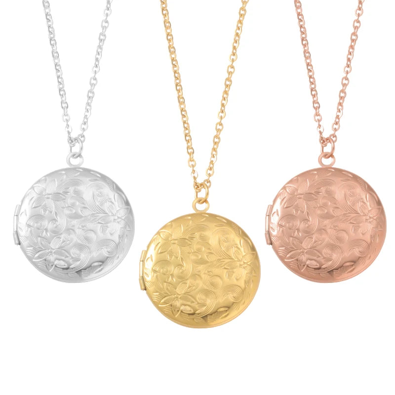 RUMNVNTY 5pc Carved Designs Round Photo Frame Pendant Necklace Stainless Steel Charms Locket Girls Women Memorial Jewelry