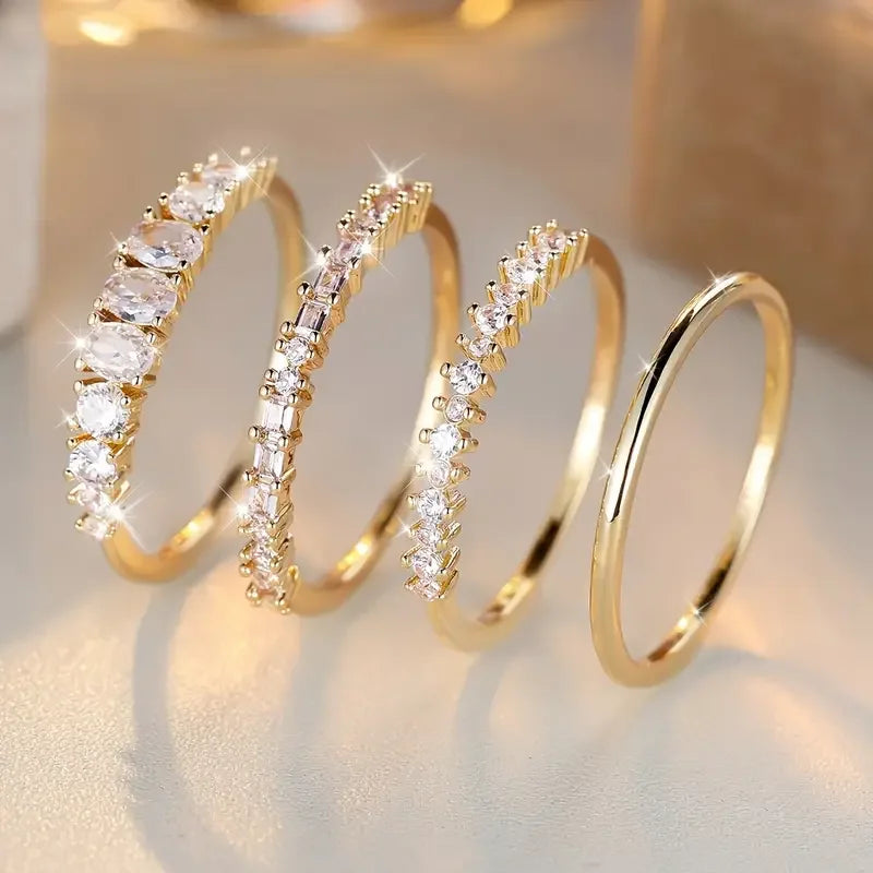 Exquisite Shining Inlaid Zirconia Geometric Ring 4 Pieces / Set of Women's Fashion Light Luxury Temperament Party Jewelry Gifts