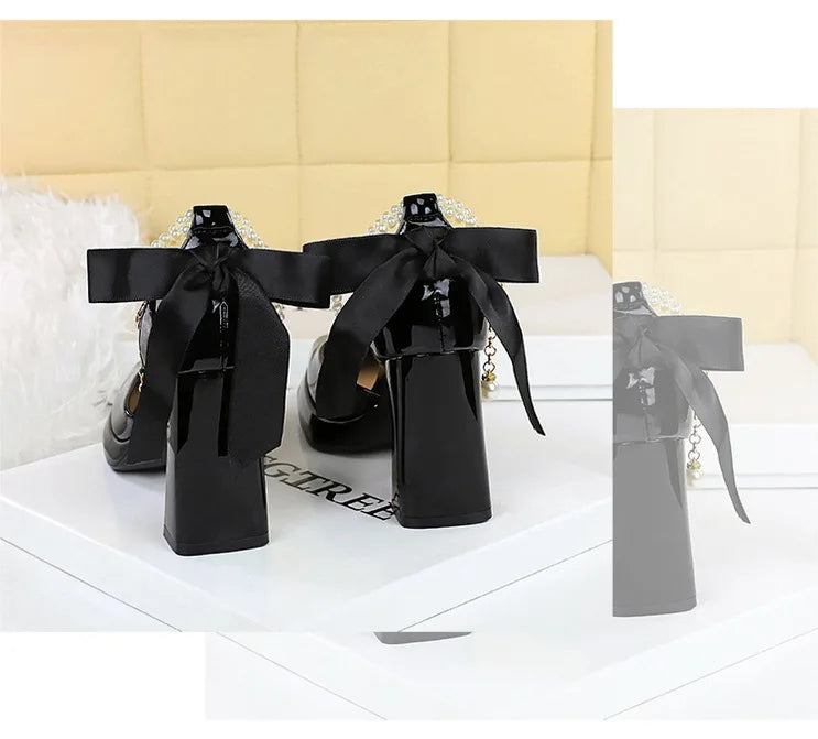 Square Toe Sandals Women 9CM Thick High Heel Summer Party Dress Shoes With White Bowknot Ankle Pearl Chain Platform Ladies Shoes