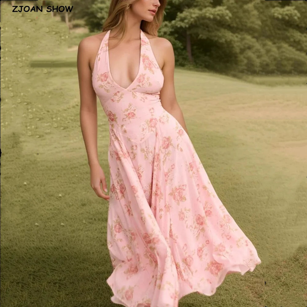 Summer Pink Flower Print Halter V Collar Sling Midi Dress Women Low Waist A-Line Pleated Swing Backless Robe Beach