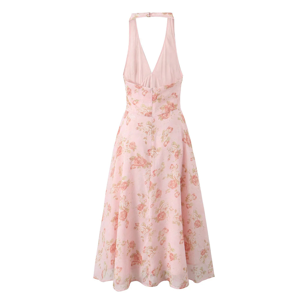 Summer Pink Flower Print Halter V Collar Sling Midi Dress Women Low Waist A-Line Pleated Swing Backless Robe Beach