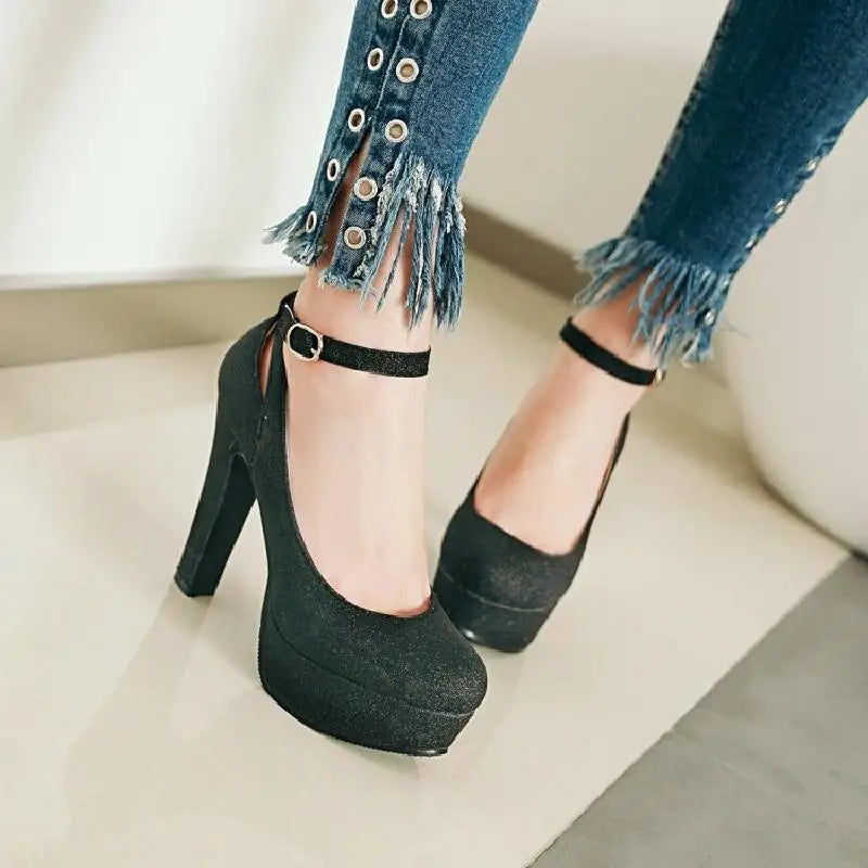 Classic Women's Shoes Super High Heels Waterproof Platform Ladies Pumps Ankle Buckle Straps Large Size Female Shoe Spring Autumn