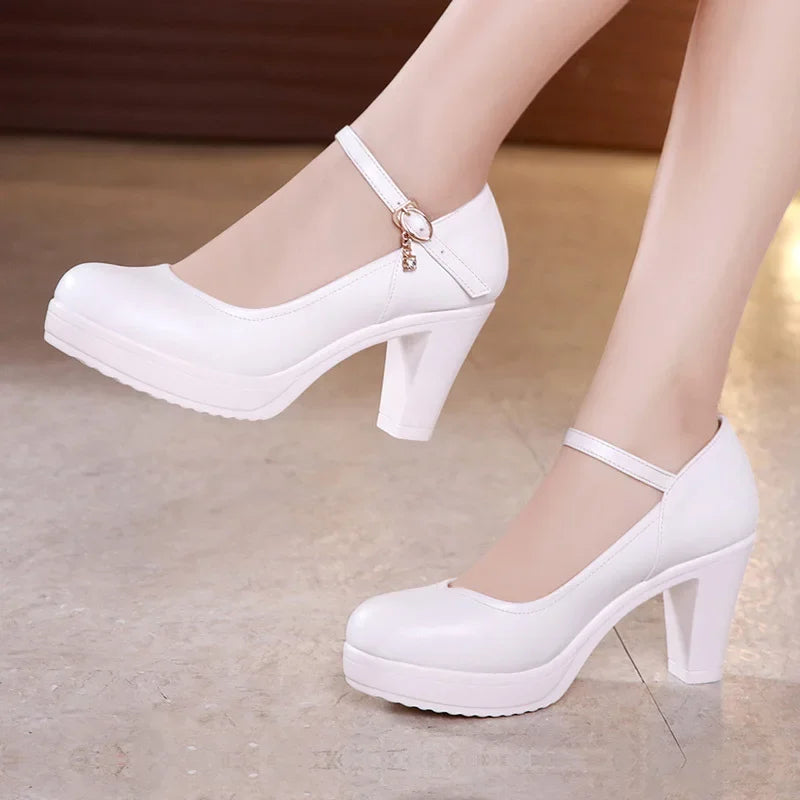 Small Size 32-43 Shallow Thick Bottom White Silver Wedding Shoes Bride Platform Pumps 2025 Block High Heels Shoes for Model Mom