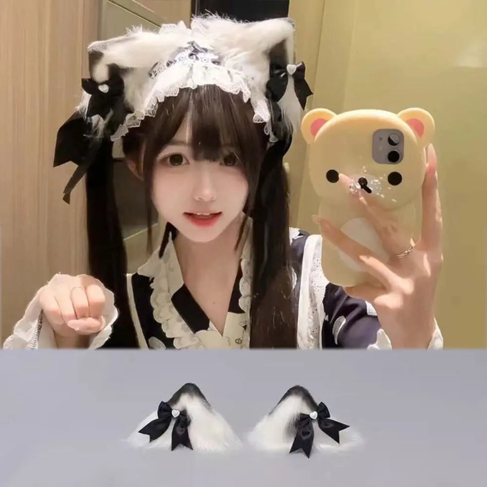 New Lolita Cat Ears Headband Lace Cosplay Head Wrap Bow Headdress Women