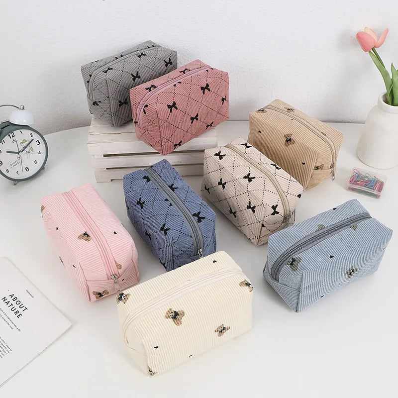 Kawaii Corduroy Travel Cosmetic Lipstick Skincare Storage Bag Toiletry Kit Women Makeup Handbags Organizer Pouch Bag Pencil Case