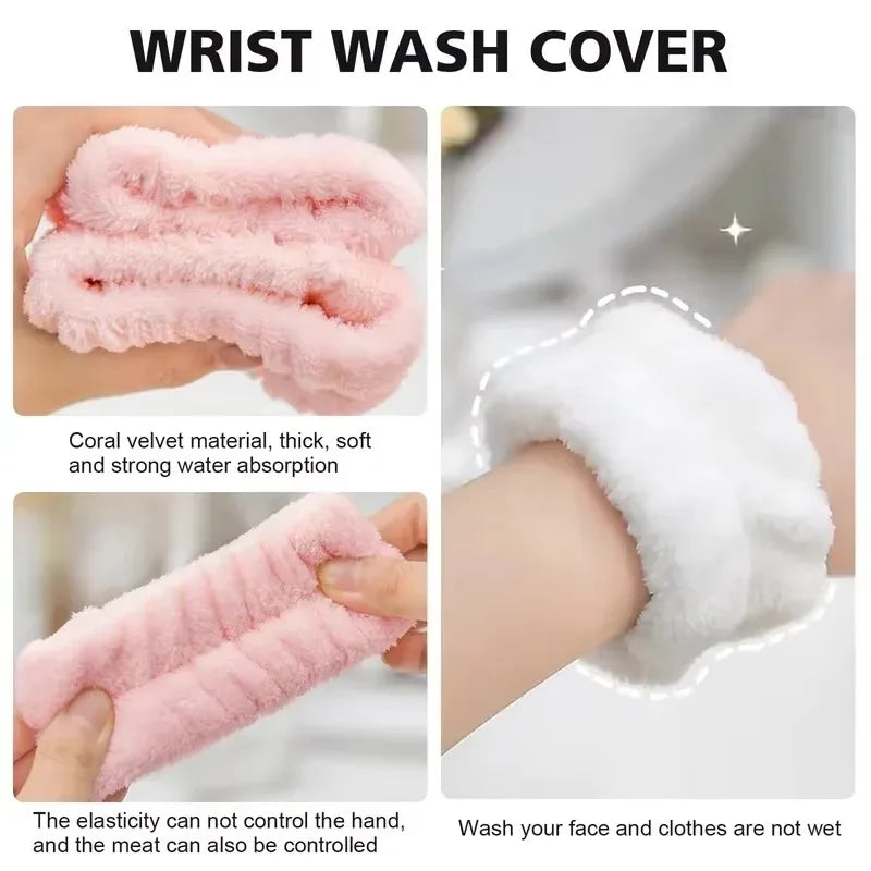 1-10Pairs Flannel Skincare Spa Wristband Makeup Facial Wrist Washband Face Towel Wash Bow Headband Scrunchie Set for Women