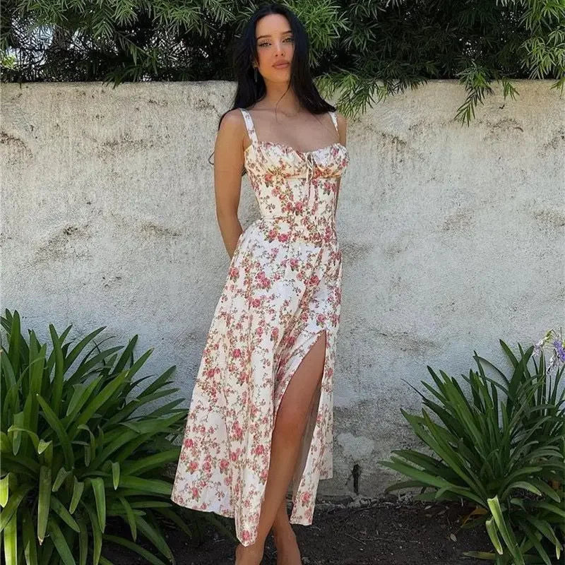 Sexy Floral Print Corset Long Dress Women's Slips Dresses Female Bandage Spring Summer Y2K Summer Holiday Vacatioin White Pink