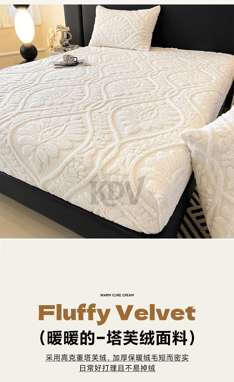 European Style Jacquard Taffeta Fitted Sheet Winter Warm Soft Plush Mattress Protector with Deep Pockets Floral Queen Bed Sheets