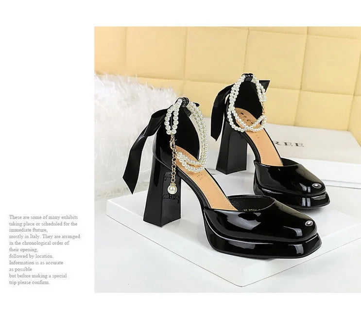 Square Toe Sandals Women 9CM Thick High Heel Summer Party Dress Shoes With White Bowknot Ankle Pearl Chain Platform Ladies Shoes