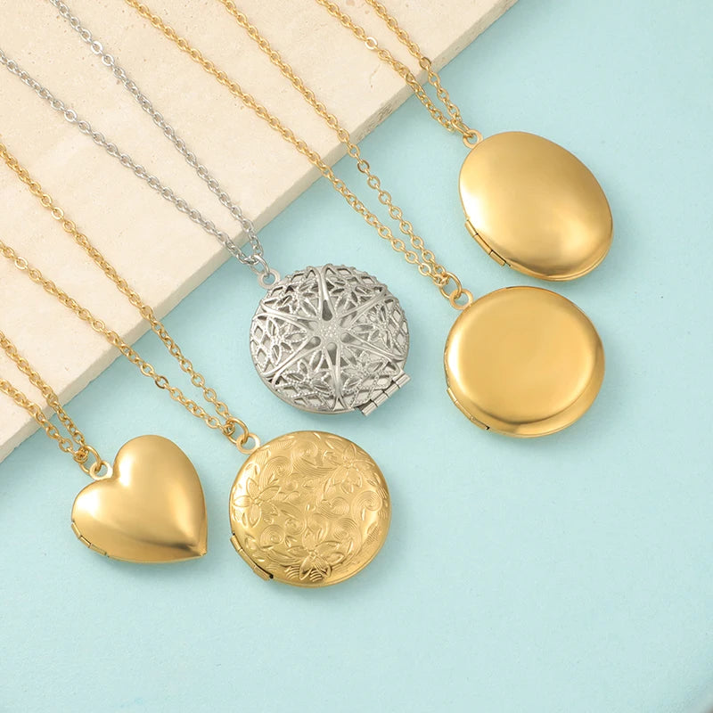 5pc Carved Designs Round Photo Frame Pendant Necklace Stainless Steel Charms Locket Girls Women Memorial Jewelry