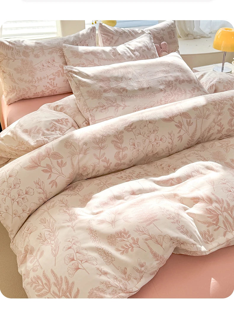 Bonenjoy Pink Flower Duvet Cover Sets Washed Polyester Super Soft Bed Cover Sets Single/Queen/King Quilt Cover with  Pillowcase