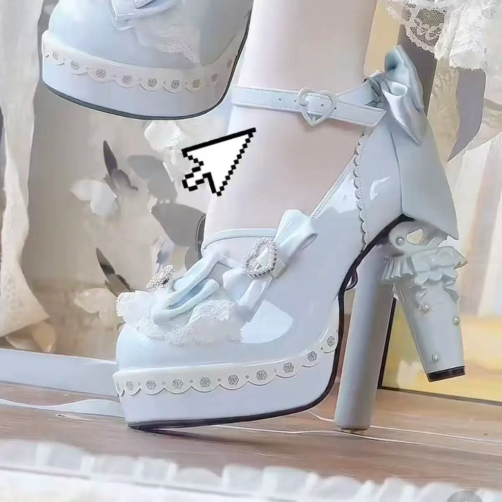Original Sweet Lolita High Heels Fairy Style Japanese Cosplay Women Leather Shoe 5cm Design Bow Rhinestone Street Shoes Y2k
