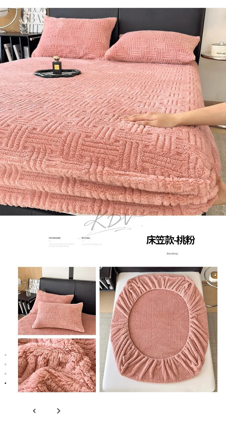 Winter Embossed Plush Fitted Sheet Soft Warm Coral Velvet Mattress Protector Cover Queen Size Deep Pocket Elastic Bed Sheet Set