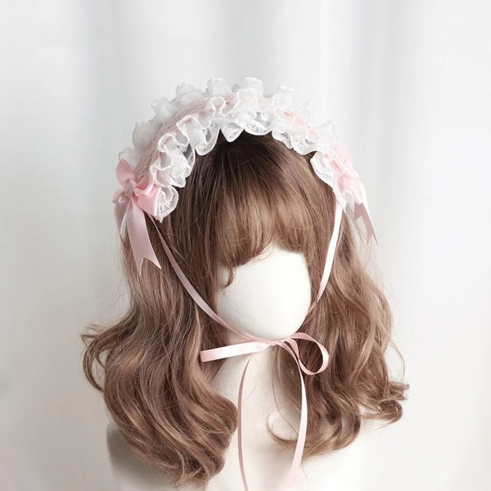 New Lolita Cat Ears Headband Lace Cosplay Head Wrap Bow Headdress Women