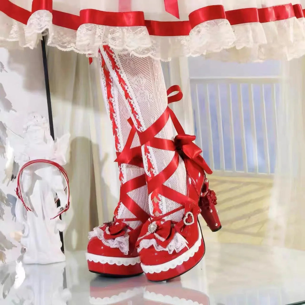 Original Sweet Lolita High Heels Fairy Style Japanese Cosplay Women Leather Shoe 5cm Design Bow Rhinestone Street Shoes Y2k