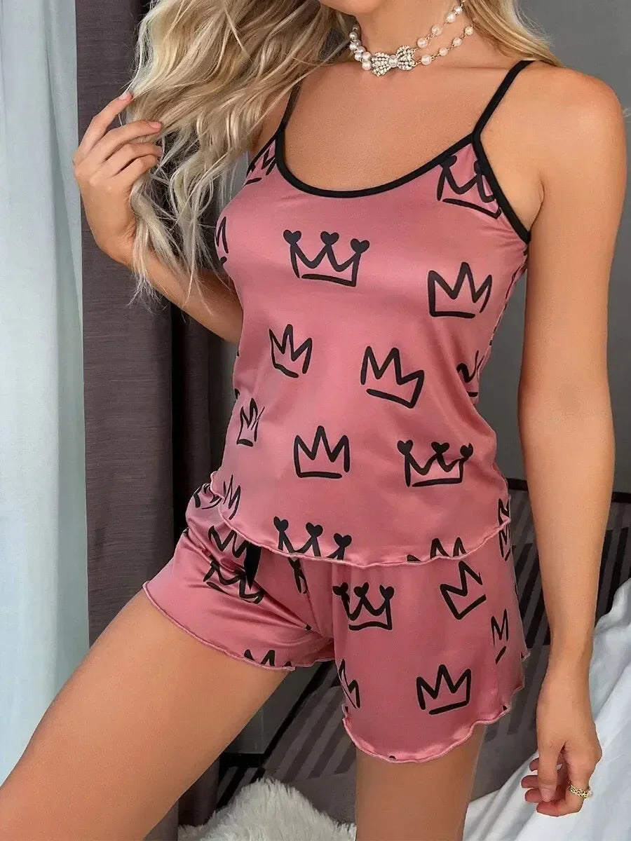 Sleepwear Women 2 Pieces Love Printed Sleeveless Cami Top & Shorts Sets Pajama Set Sexy Lingerie Loungewear Pijamas