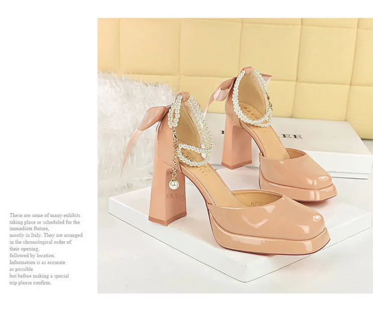 Square Toe Sandals Women 9CM Thick High Heel Summer Party Dress Shoes With White Bowknot Ankle Pearl Chain Platform Ladies Shoes