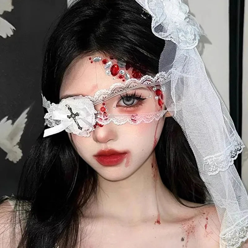 Black White Cross Eye Mask Women Lolita Heart Bowknot Lace Necklace Eye Patch Gothic Vibe Eyewear Punk Cosplay Party Accessories