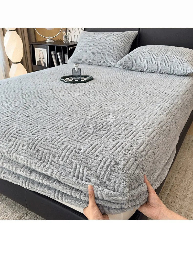 Winter Embossed Plush Fitted Sheet Soft Warm Coral Velvet Mattress Protector Cover Queen Size Deep Pocket Elastic Bed Sheet Set