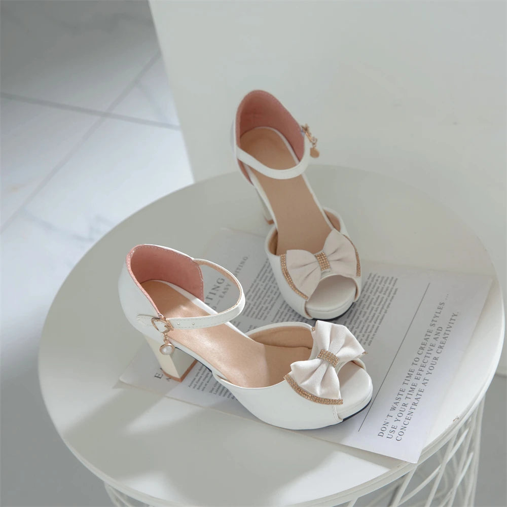 Women Platform open toe High Heels Spring Summer Bow Peep Toe Sandals Ladies White Black Bride Wedding Shoes 2025 Party Pumps