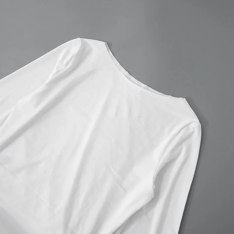 Ruched Bodycon Dress Women Sexy Long Sleeve Twist Ruffles Hem Mini Y2k Dresses Autumn White Elegant