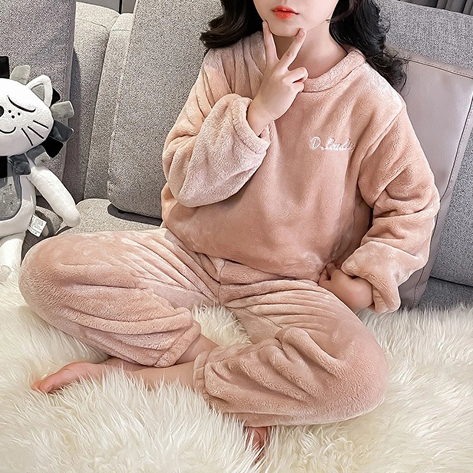 Kids Pajamas Long Sleeve Lounge Wear Soft Flannel Sleepwear Cozy Pullover Tops Warm Trousers Girl Boy Nightwear Home Outfit Set