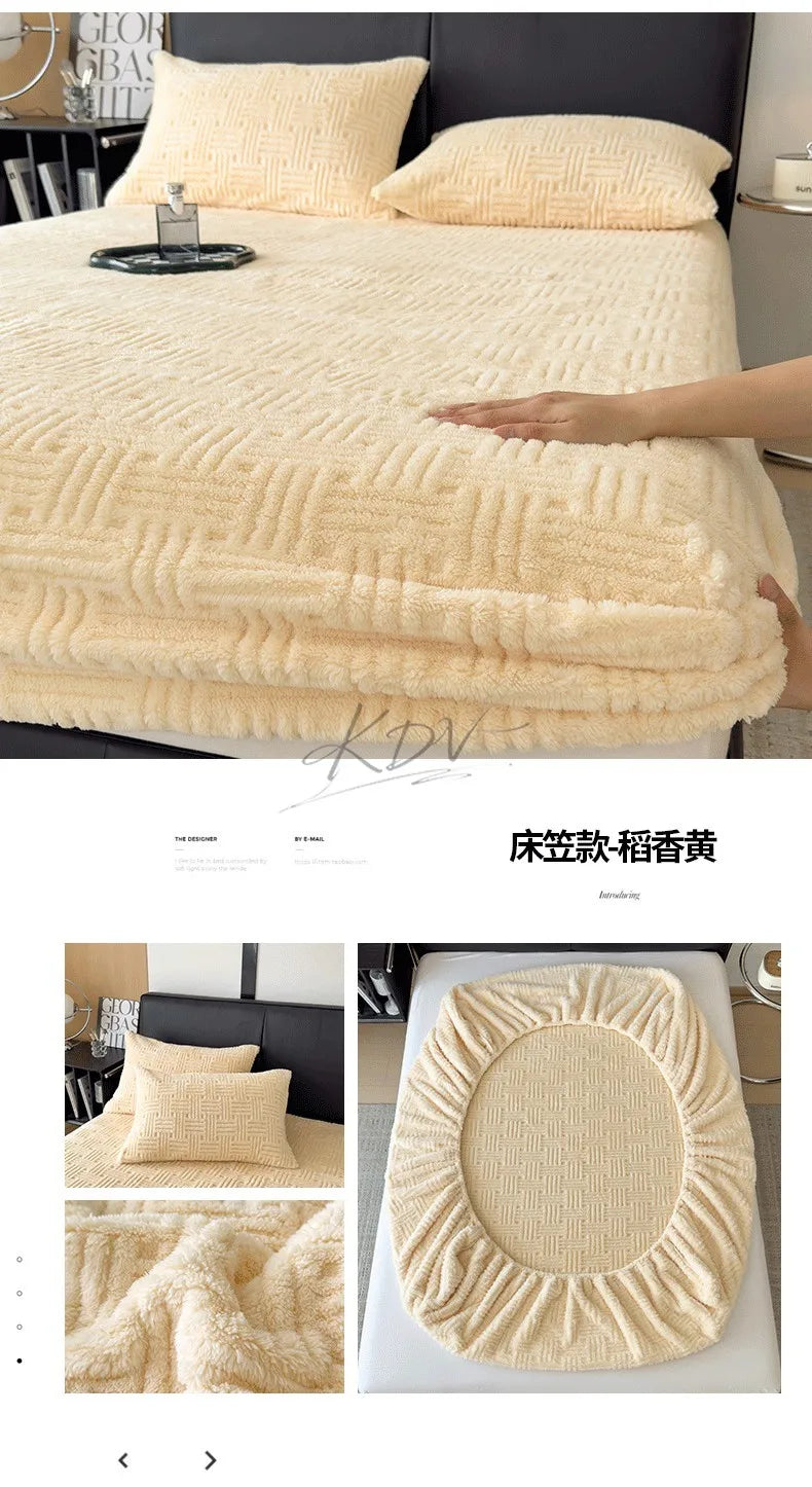 Winter Embossed Plush Fitted Sheet Soft Warm Coral Velvet Mattress Protector Cover Queen Size Deep Pocket Elastic Bed Sheet Set