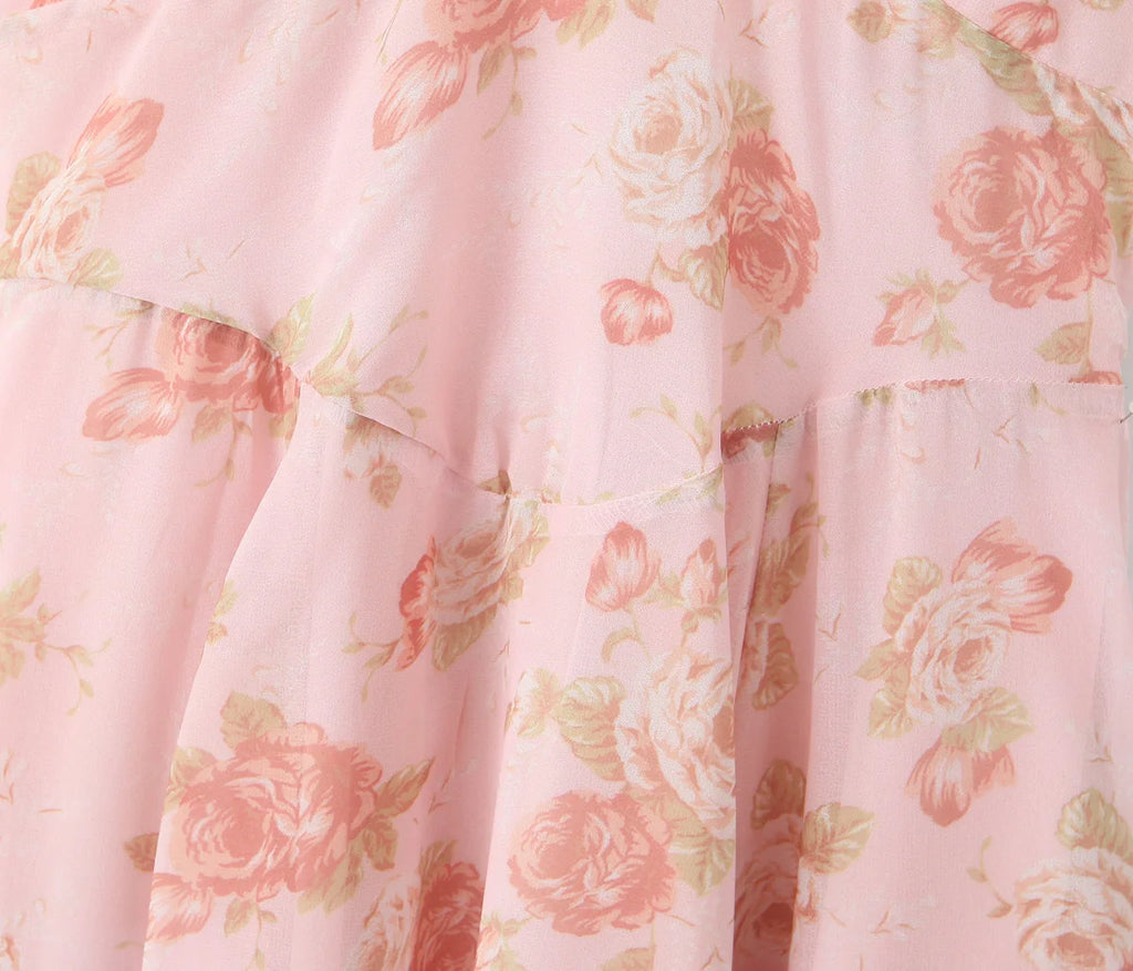 Summer Pink Flower Print Halter V Collar Sling Midi Dress Women Low Waist A-Line Pleated Swing Backless Robe Beach