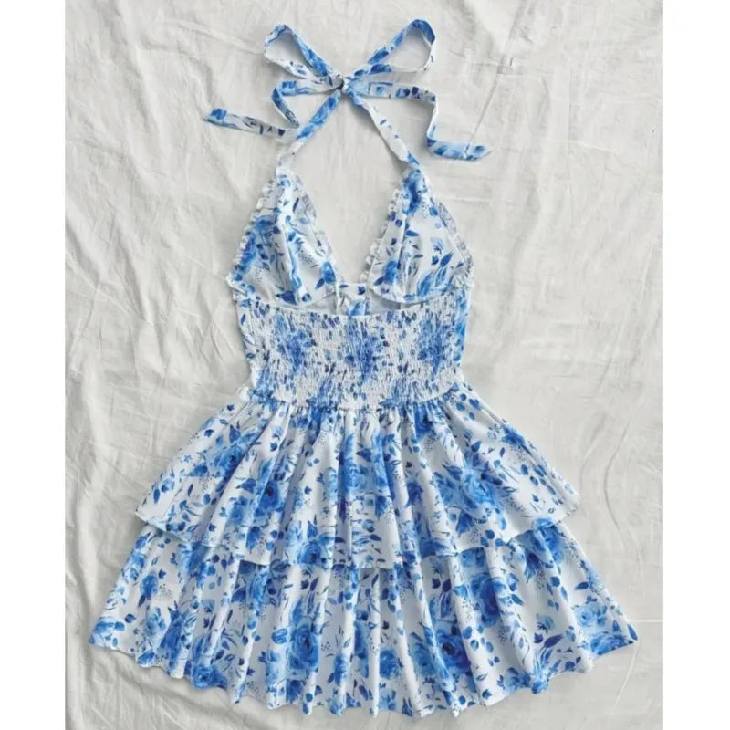 Women Vacation Style Retro Short Dresses Fashion Watercolor Rose Print Halter Lace-up Ruffled Decorative Dress 2025 Sexy Vestido