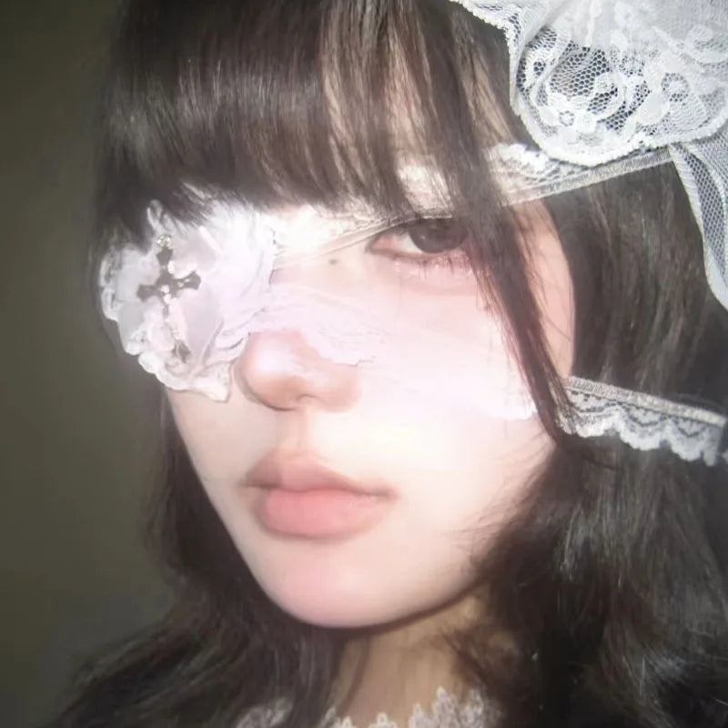 Black White Cross Eye Mask Women Lolita Heart Bowknot Lace Necklace Eye Patch Gothic Vibe Eyewear Punk Cosplay Party Accessories