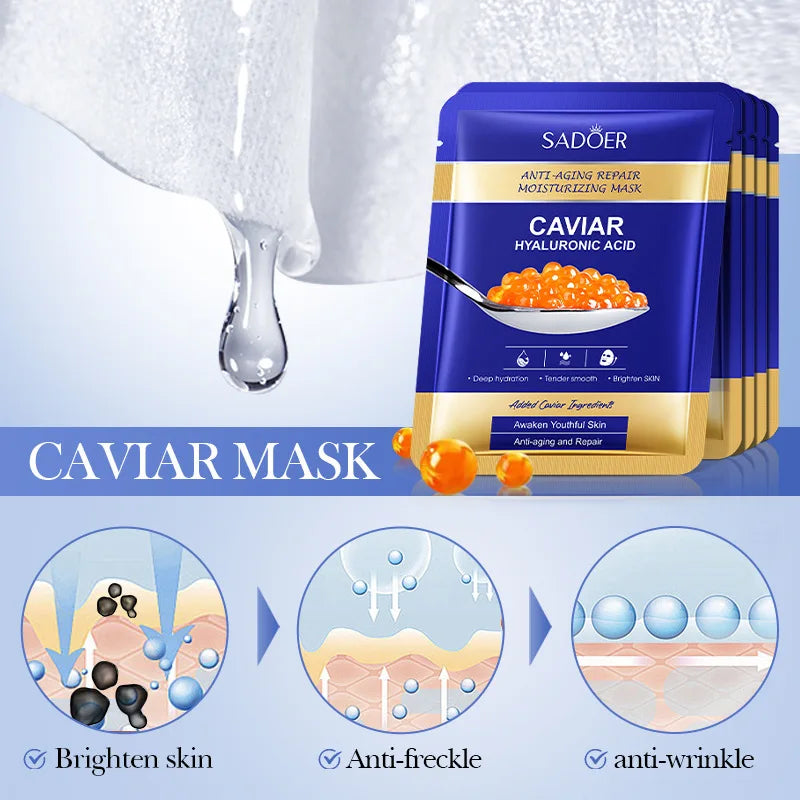 5pcs  Caviar Hyaluronic Acid Moisturizing Facial Masks Brightening Firming Hydrating Face Mask Facial Skin Care Products