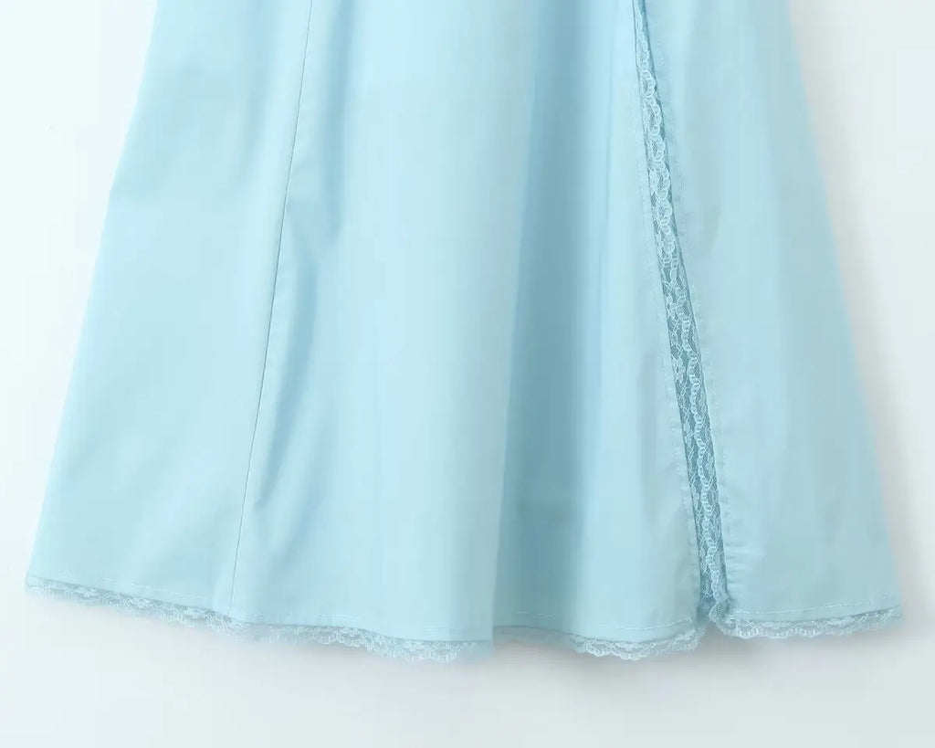 2024 Sexy Sky blue Splice Lace Bow Ruched Chest Corset Style Sling Dress Cross Bandage Lacing Up Back Hem Slit Midi Robe Women