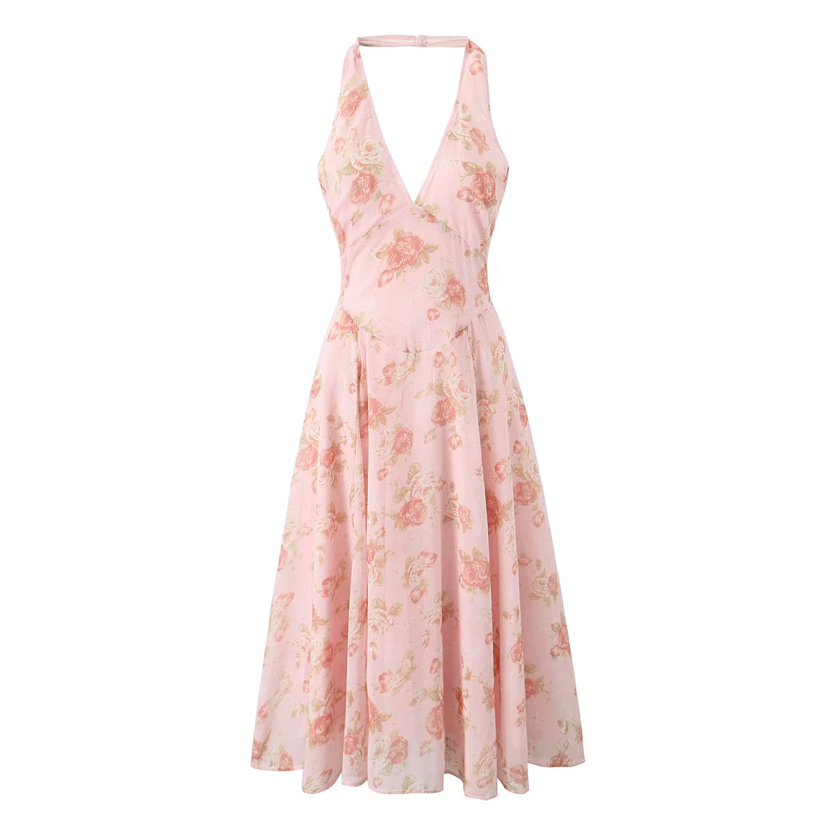Summer Pink Flower Print Halter V Collar Sling Midi Dress Women Low Waist A-Line Pleated Swing Backless Robe Beach