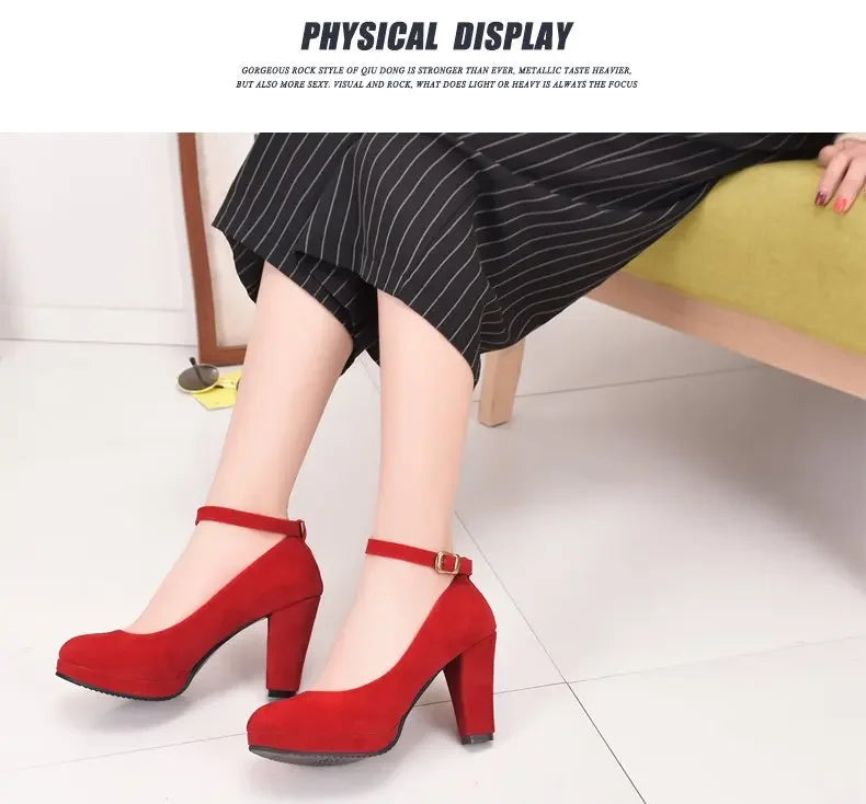 Spring Women Pumps Flock Sweet Thick High Heels Ankle Strap Female Platform Classic Round Toe Dress Cute Shoes Ladies Footwear