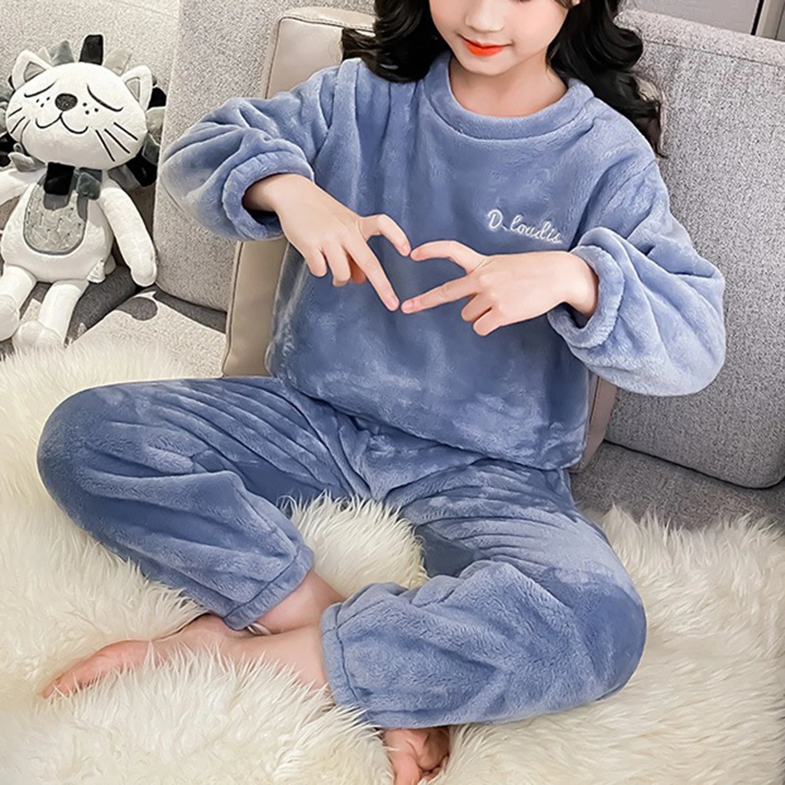 Kids Pajamas Long Sleeve Lounge Wear Soft Flannel Sleepwear Cozy Pullover Tops Warm Trousers Girl Boy Nightwear Home Outfit Set