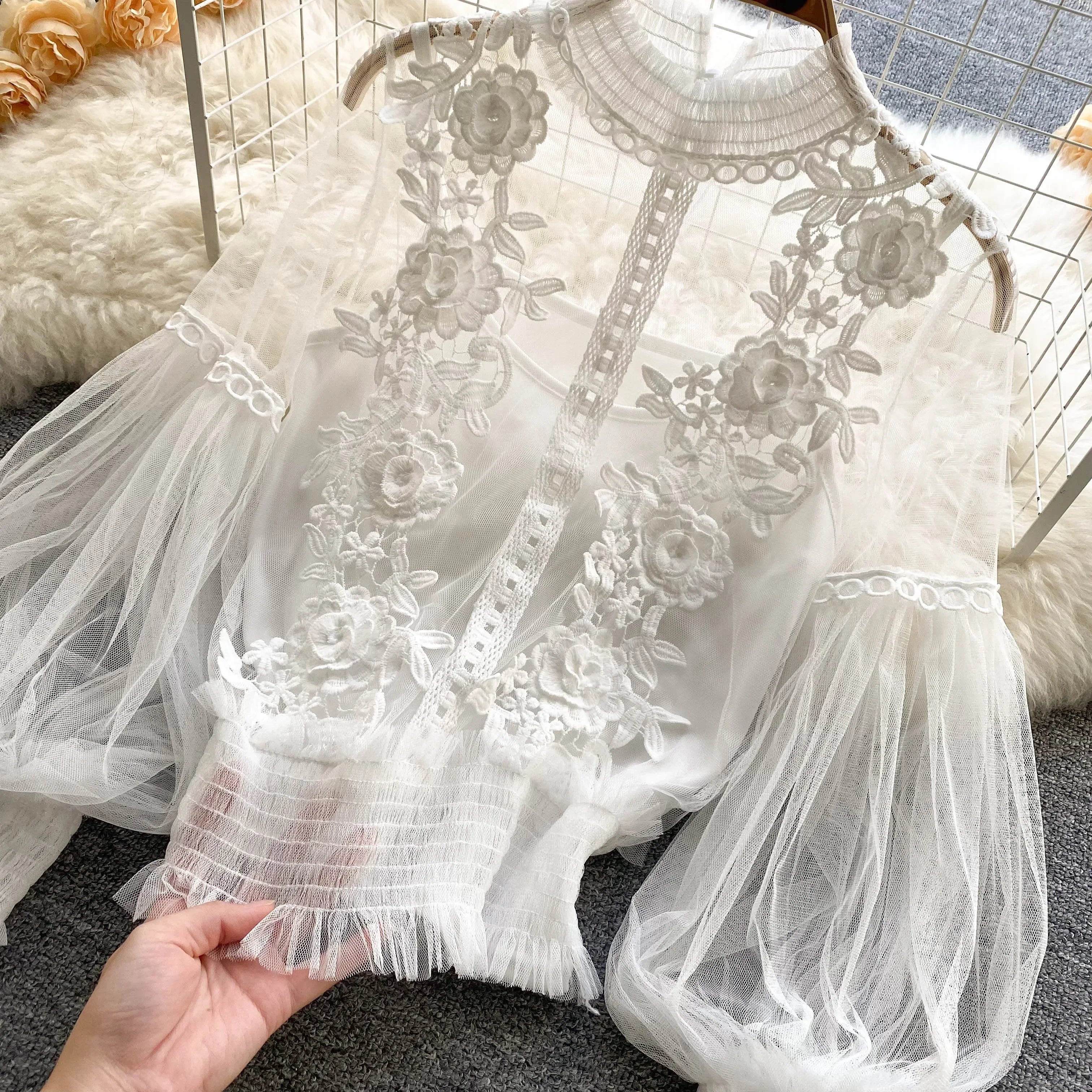 Lace Puff Long Sleeve Blouse Vintage Fashion Blouses Elegant Femme Blusas Korean Woman Tops Women Shirts Clothing Dropshipping