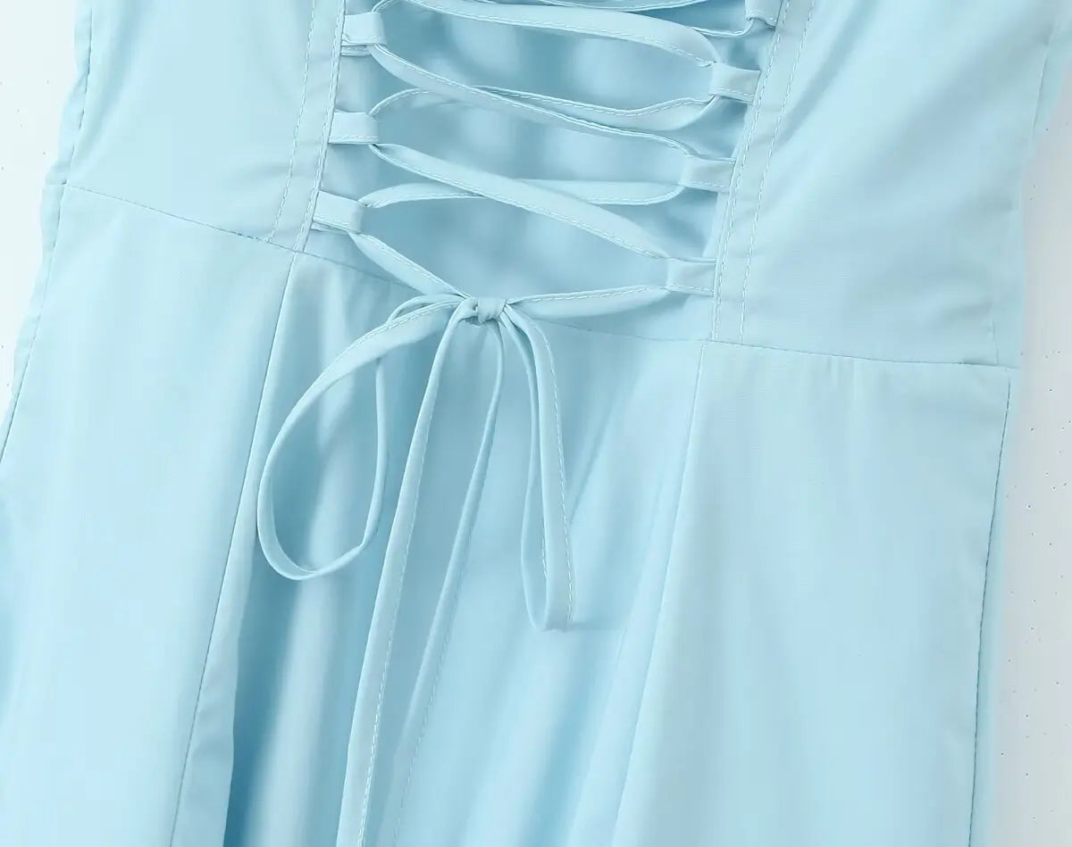 2024 Sexy Sky blue Splice Lace Bow Ruched Chest Corset Style Sling Dress Cross Bandage Lacing Up Back Hem Slit Midi Robe Women