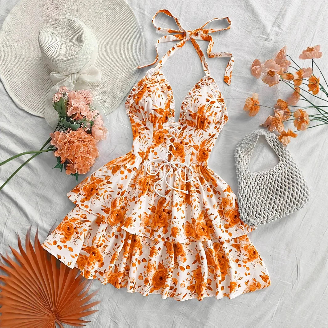 Women Vacation Style Retro Short Dresses Fashion Watercolor Rose Print Halter Lace-up Ruffled Decorative Dress 2025 Sexy Vestido