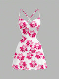 Women's Casual Floral Print Knit Mini Dress, Crisscross Thin Straps, Lettuce Hem Detail, Stylish Going-Out Style